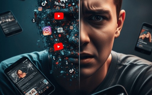 Retrato de um homem com o rosto dividido ao meio; um lado fragmentado em ícones de redes sociais (TikTok, YouTube, Instagram) e telas de celular, e o outro com expressão preocupada. Smartphones flutuam ao redor, simbolizando a dependência digital.